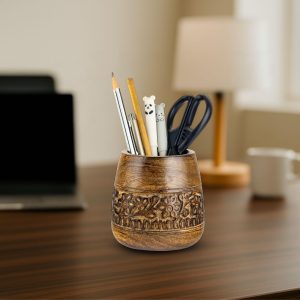 Handcarved Wooden Pencil Holder Desk Brush Organizer